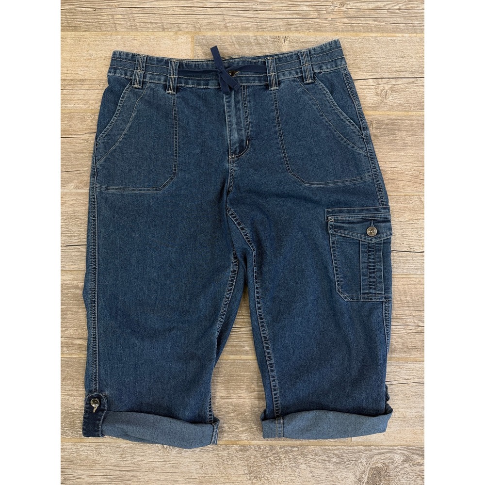 Coldwater Creek Cargo Capris Women 14 Blue Excellent Denim Drawstring Cropped